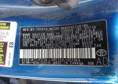 2010 Toyota Corolla Le из США, поврежденный, VIN 2T1BU4EE5AC351261